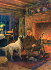 Hunter cleaning gun by fireplace with hunting dog