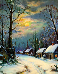 Vintage village art snow moon
