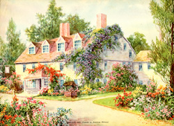Vintage calendar prints of cottages, cabins, mills, etc.
