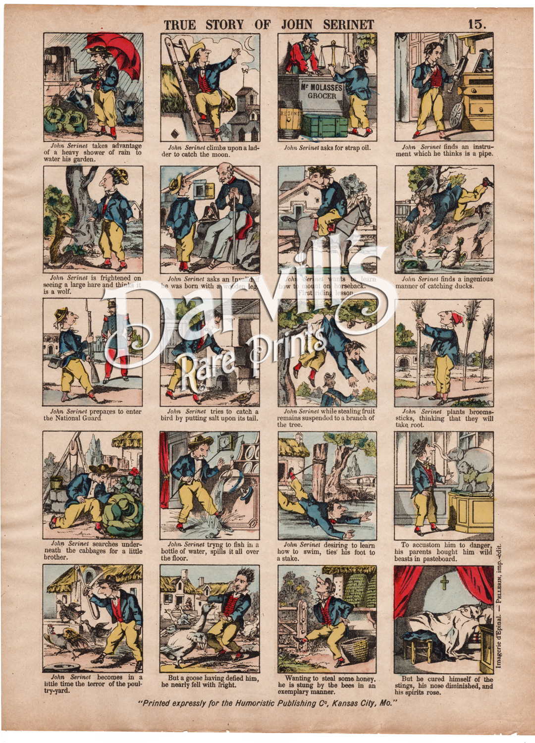 1888 Very Early COMIC STRIP Hand-Colored IMAGERIE d'EPINAL MR. HEEDLESS #  21